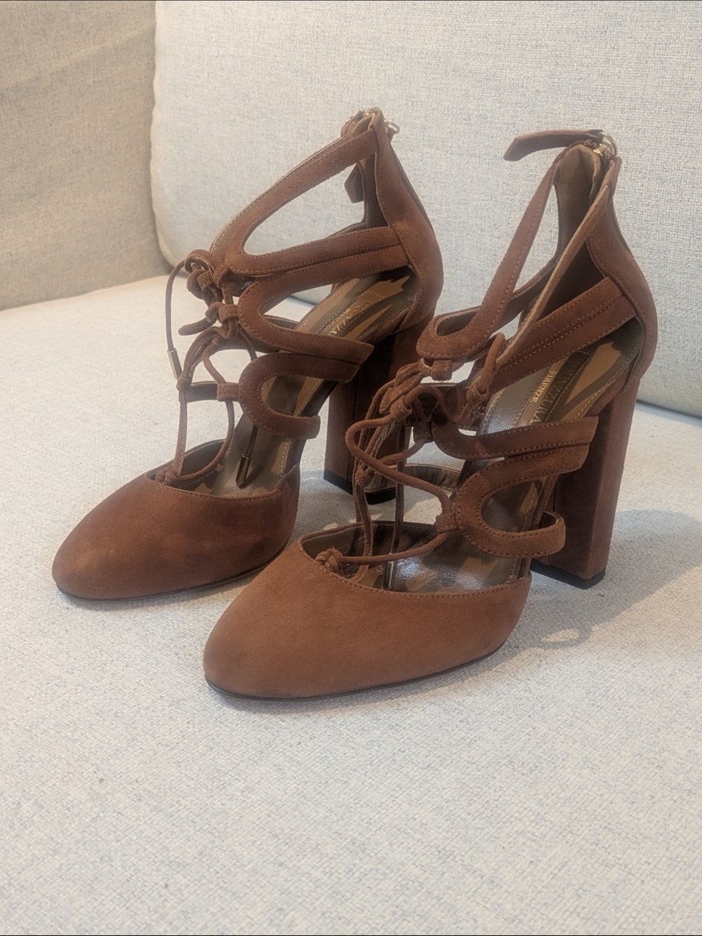 Aquazzura Firenze Brown Suede Caged Lace-Up Block Heel Pumps 37.5 US7/7.5